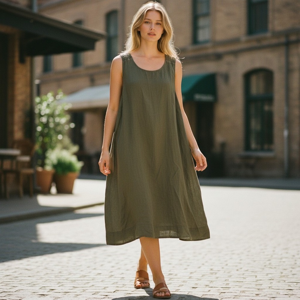 Tahari Linen Dress Womens XL Olive Green Smocked Quiet Luxury
